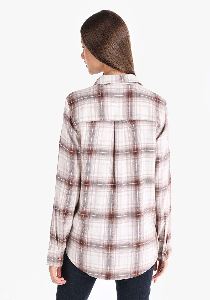 Regular Fit Cepli Shirt Neck Ekoseli Kadın Bej Uzun Kol Gömlek