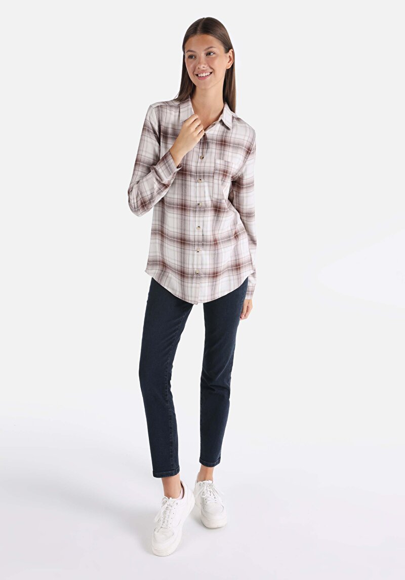 Regular Fit Cepli Shirt Neck Ekoseli Kadın Bej Uzun Kol Gömlek