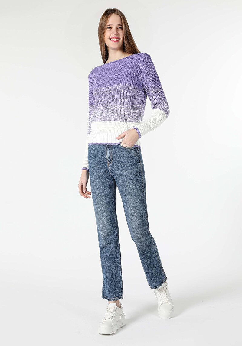 Regular Fit Kayık Yaka Düz Kadın Mor Kazak