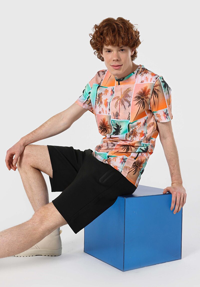 Regular Fit Yuvarlak Yaka Baskılı Erkek Çok Renkli Kısa Kol Tişört