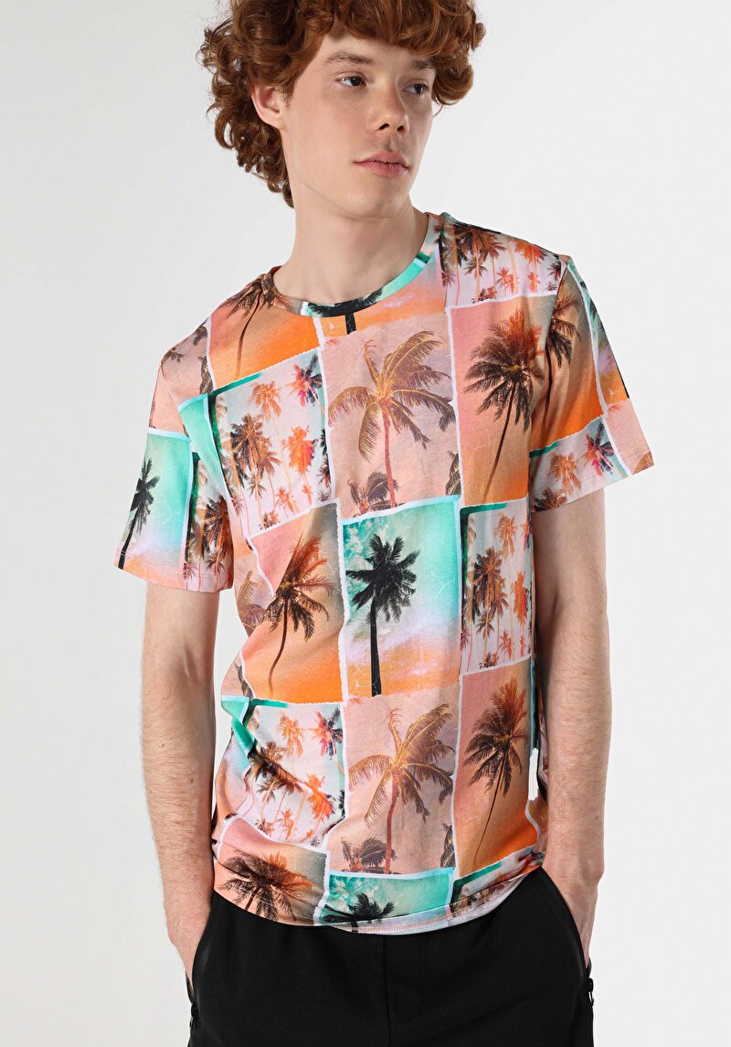 Regular Fit Yuvarlak Yaka Baskılı Erkek Çok Renkli Kısa Kol Tişört