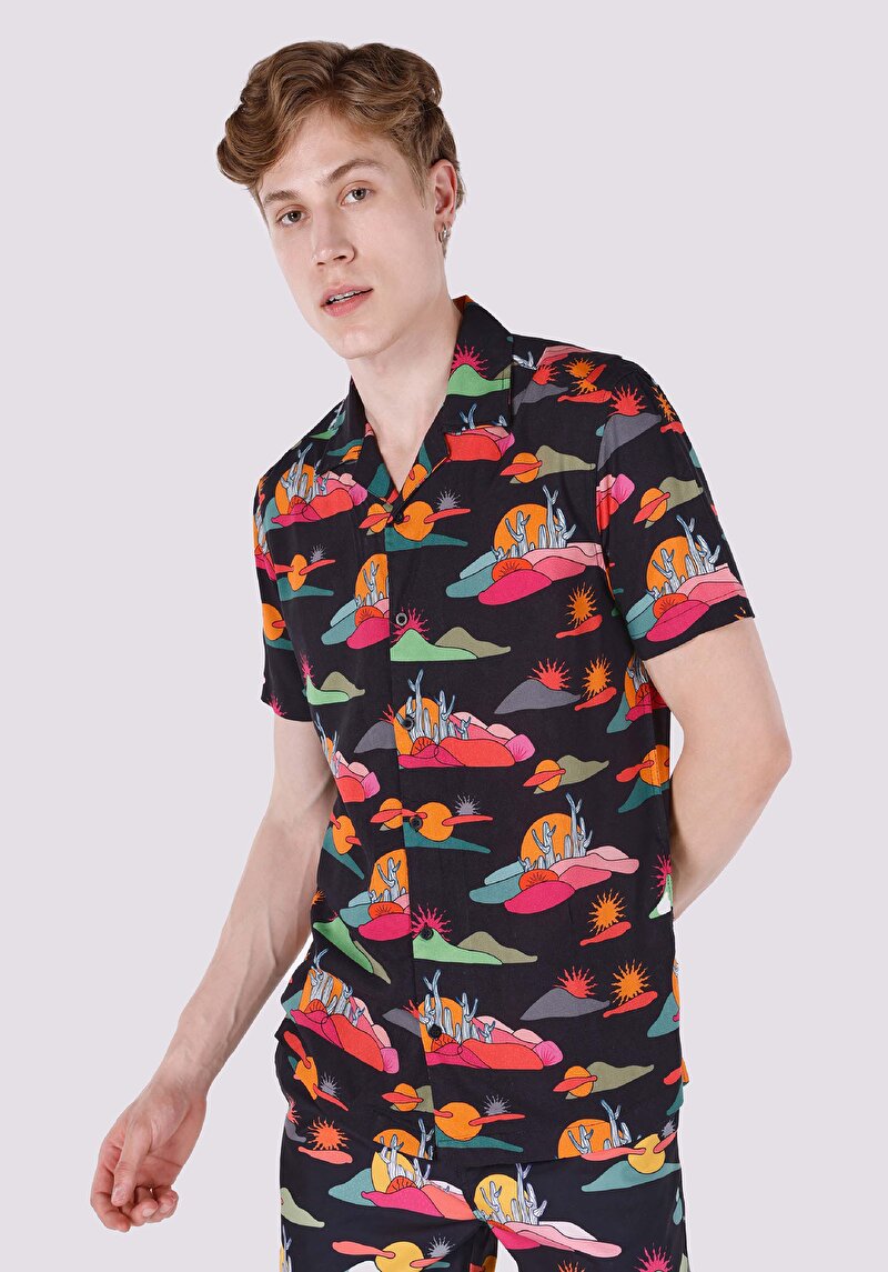 Regular Fit Shirt Neck Baskılı Erkek Çok Renkli Viskon Kısa Kol Gömlek