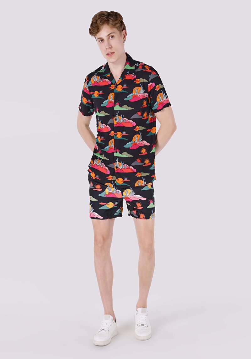 Regular Fit Shirt Neck Baskılı Erkek Çok Renkli Viskon Kısa Kol Gömlek