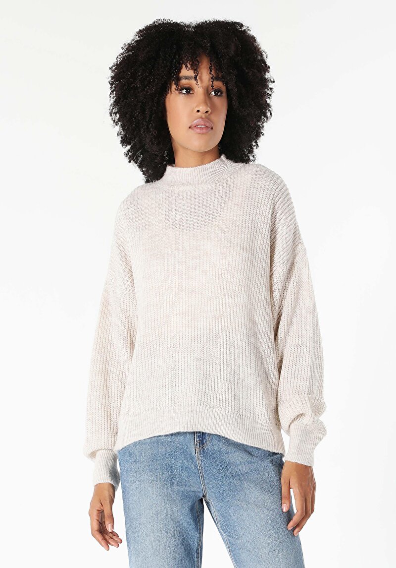 Regular Fit Dik Yaka Düz Kadın Bej Kazak