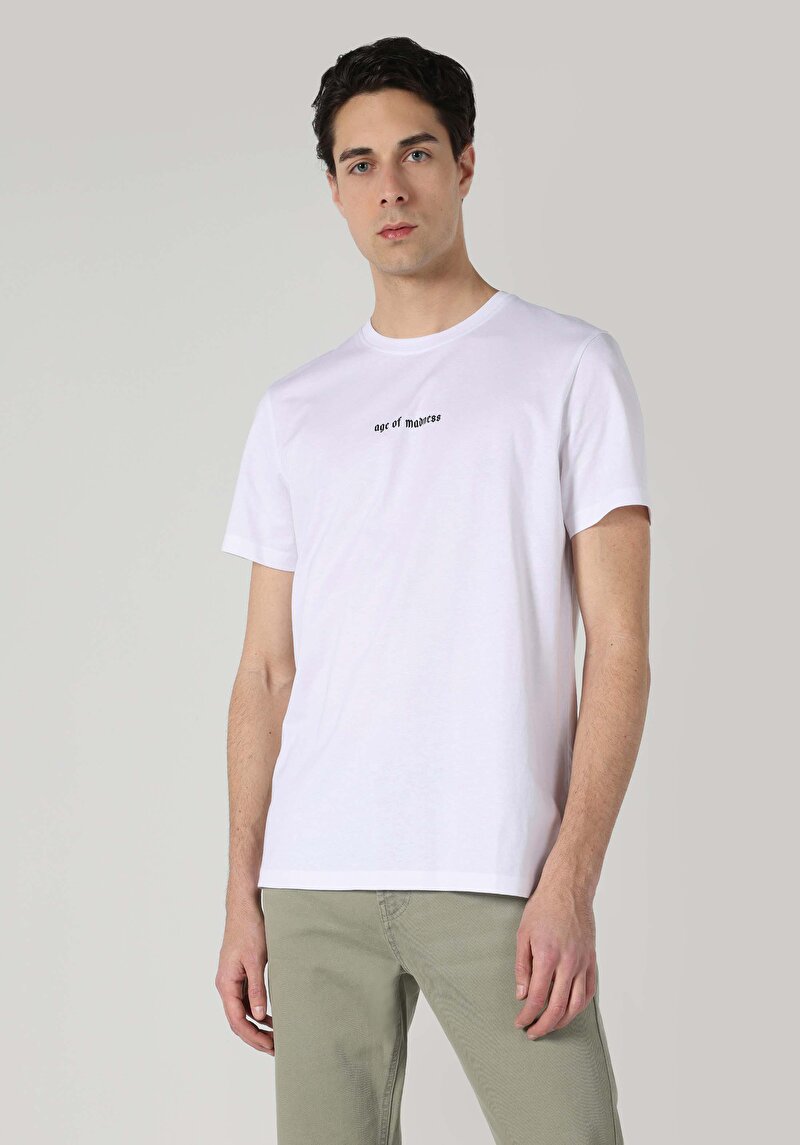 Regular Fit Yuvarlak Yaka Baskılı Erkek Beyaz Kısa Kol Tişört