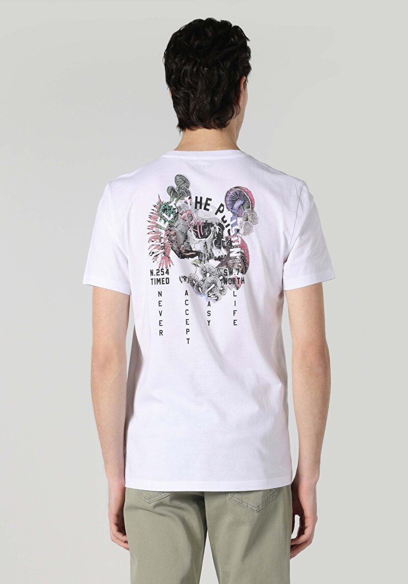 Regular Fit Yuvarlak Yaka Baskılı Erkek Beyaz Kısa Kol Tişört