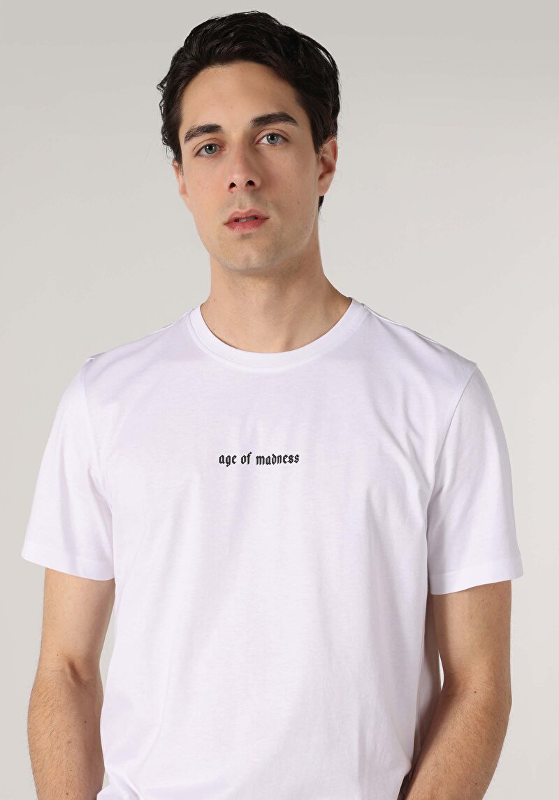 Regular Fit Yuvarlak Yaka Baskılı Erkek Beyaz Kısa Kol Tişört