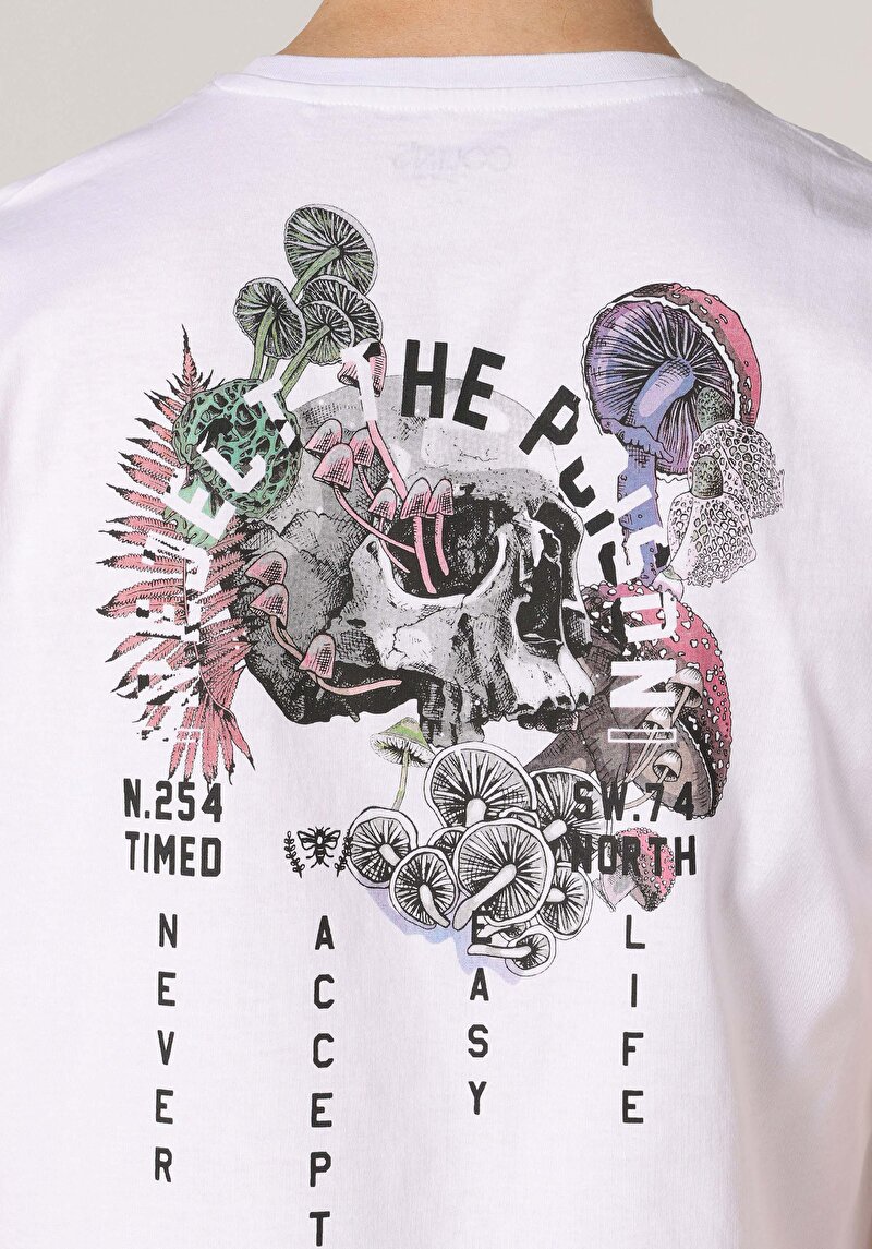 Regular Fit Yuvarlak Yaka Baskılı Erkek Beyaz Kısa Kol Tişört