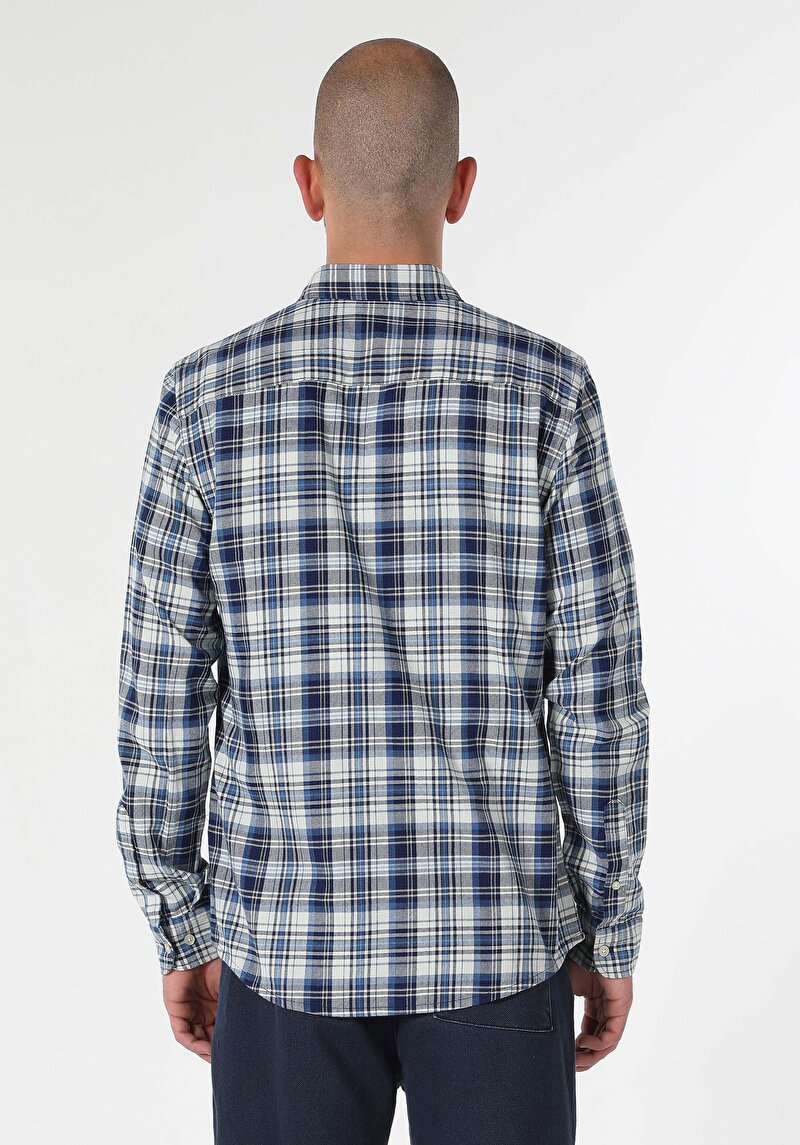 Slim Fit Shirt Neck Ekoseli Erkek Mavi Uzun Kol Gömlek