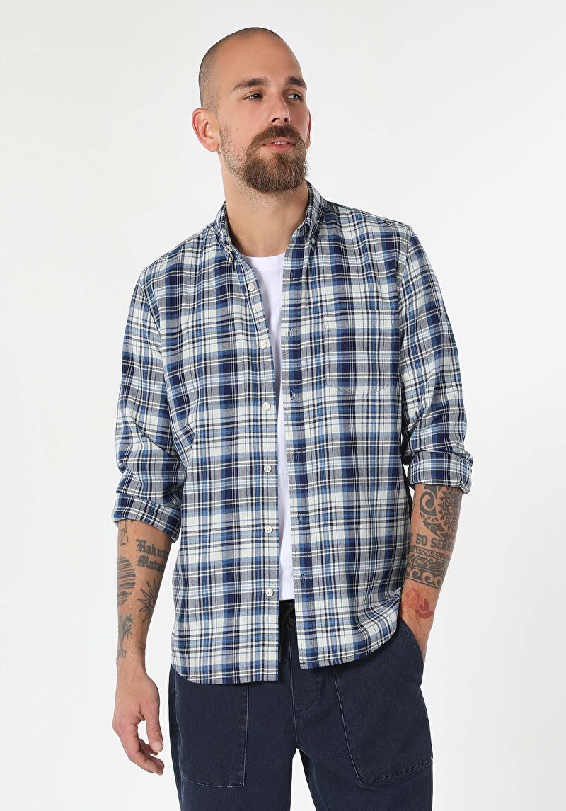 Slim Fit Shirt Neck Ekoseli Erkek Mavi Uzun Kol Gömlek