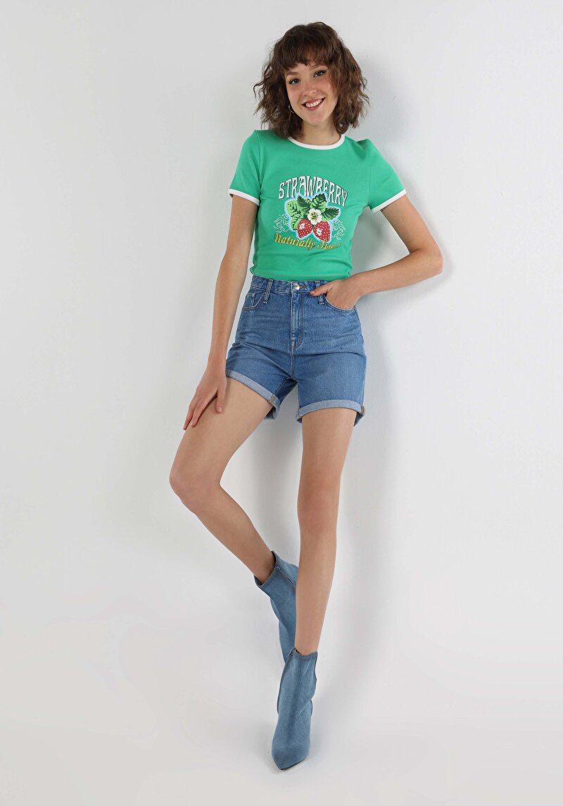 Slim Fit Yuvarlak Yaka Baskılı Kadın Yeşil Kısa Kol Tişört