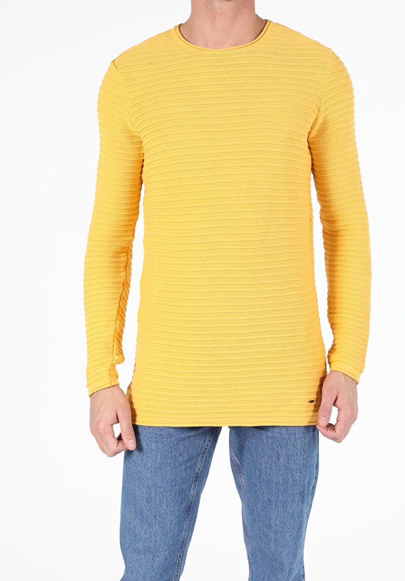 Slim Fit Yuvarlak Yaka Erkek Sari Kazak