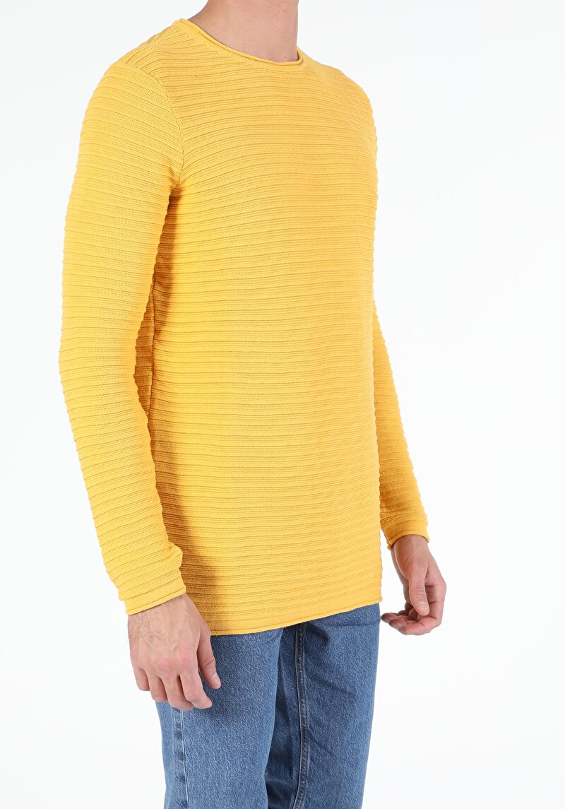 Slim Fit Yuvarlak Yaka Erkek Sari Kazak