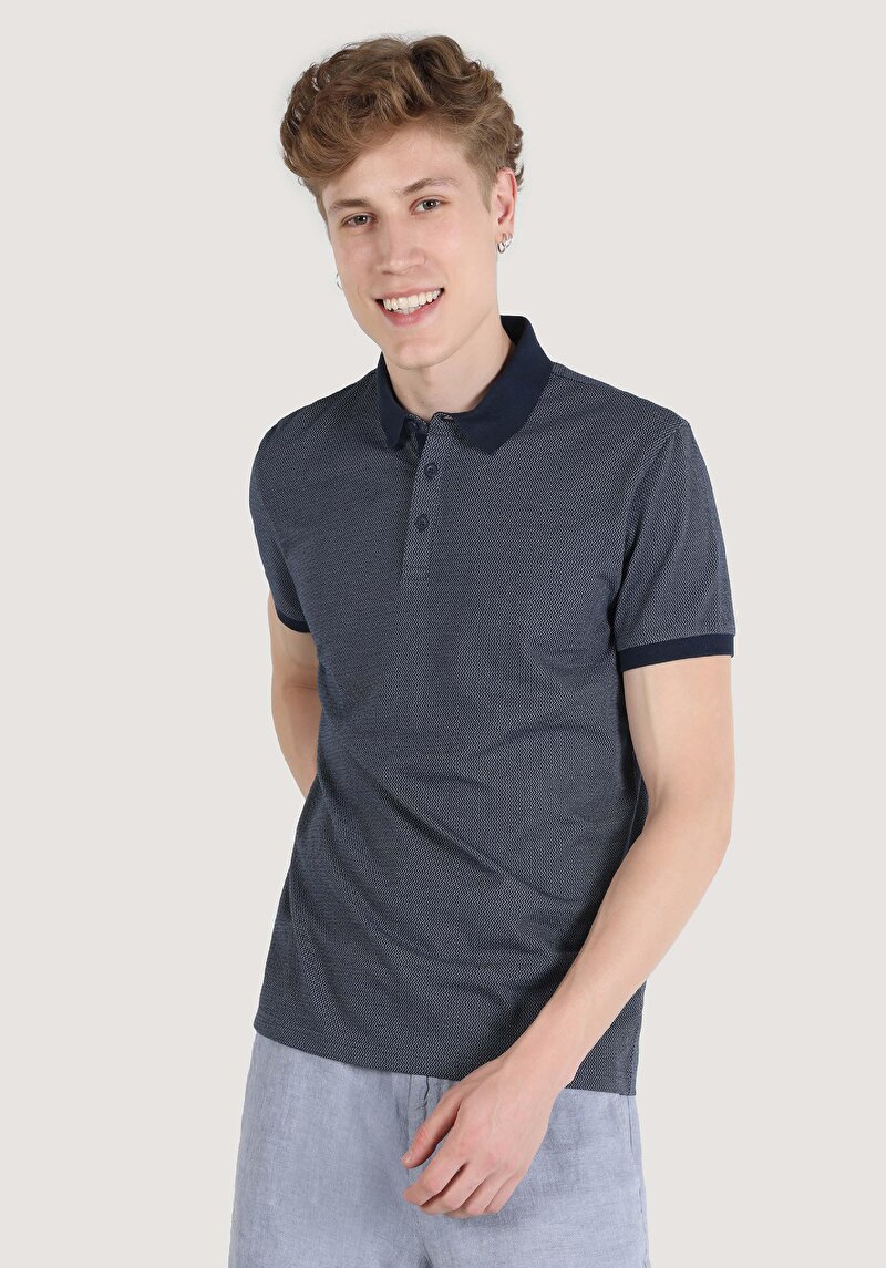 Regular Fit Polo Yaka Jakarlı Erkek Lacivert Kısa Kol Tişört