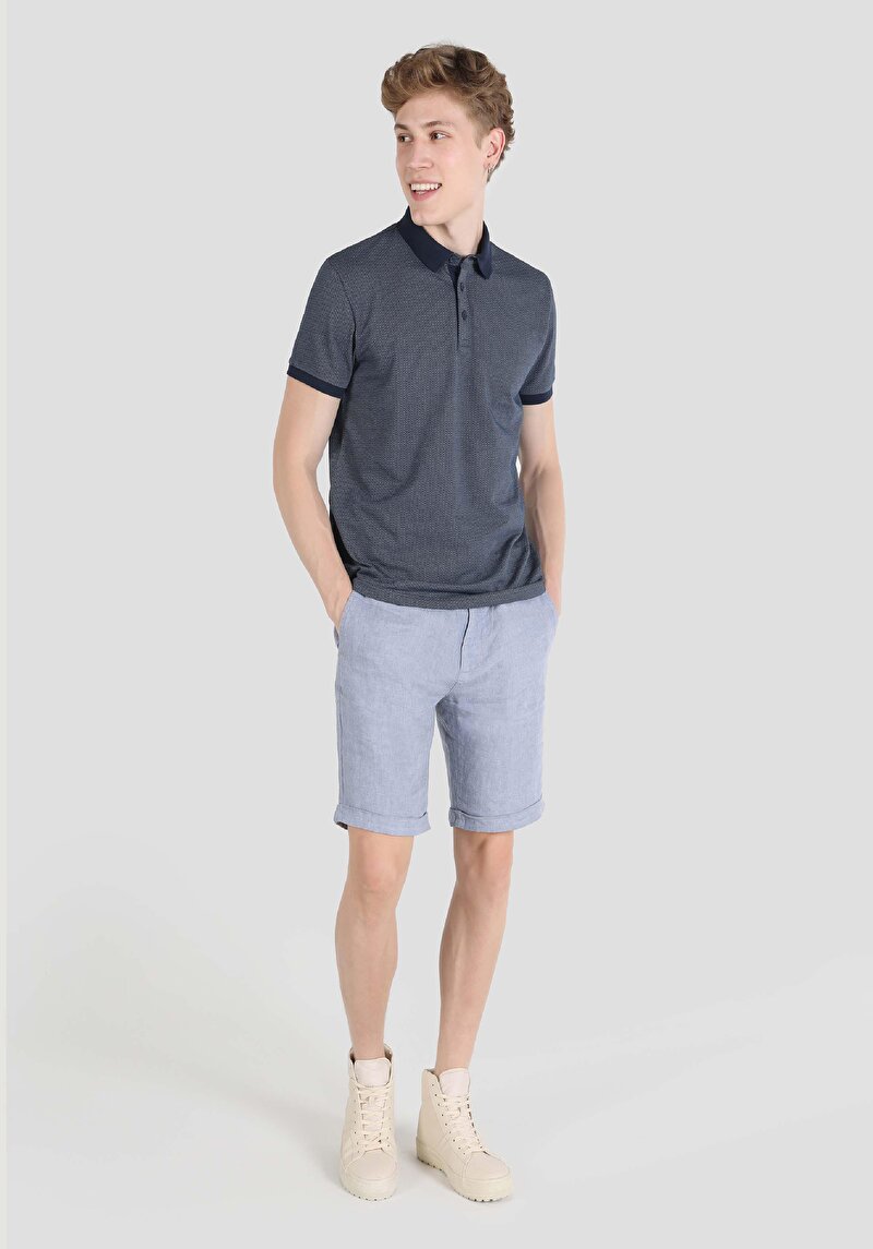 Regular Fit Polo Yaka Jakarlı Erkek Lacivert Kısa Kol Tişört