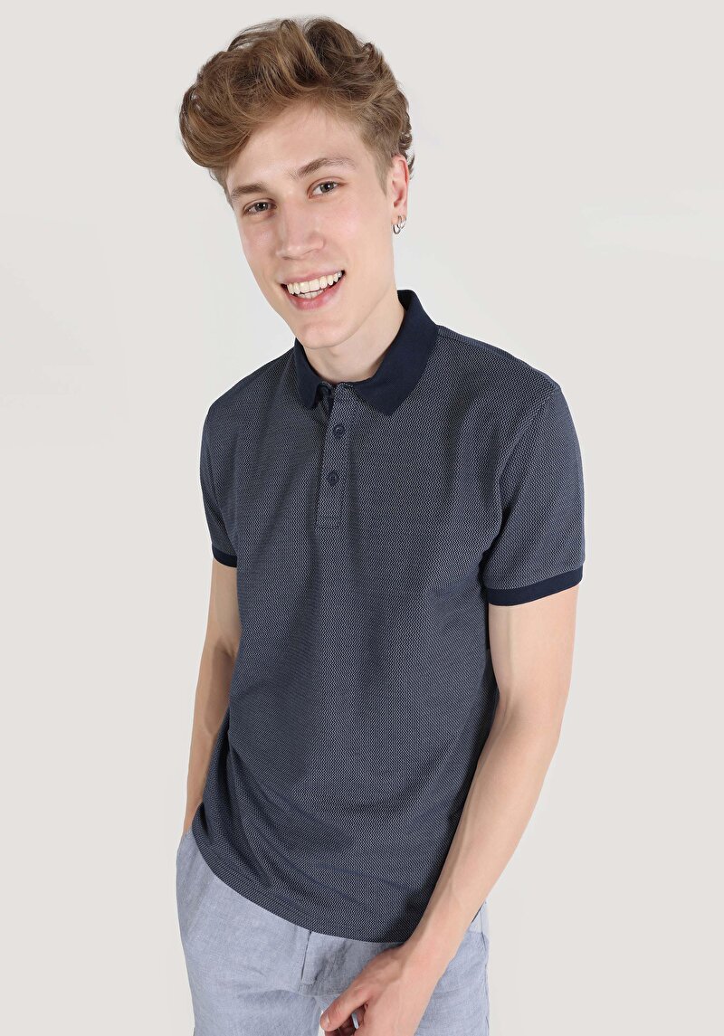 Regular Fit Polo Yaka Jakarlı Erkek Lacivert Kısa Kol Tişört