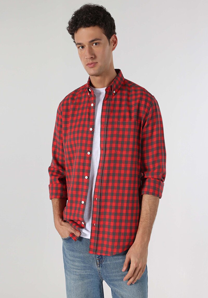 Regular Fit Shirt Neck Kareli Erkek Kirmizi Uzun Kol Gömlek