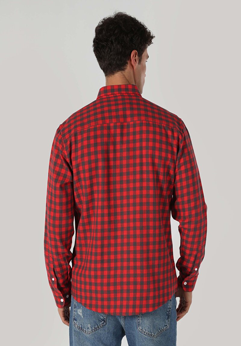 Regular Fit Shirt Neck Kareli Erkek Kirmizi Uzun Kol Gömlek
