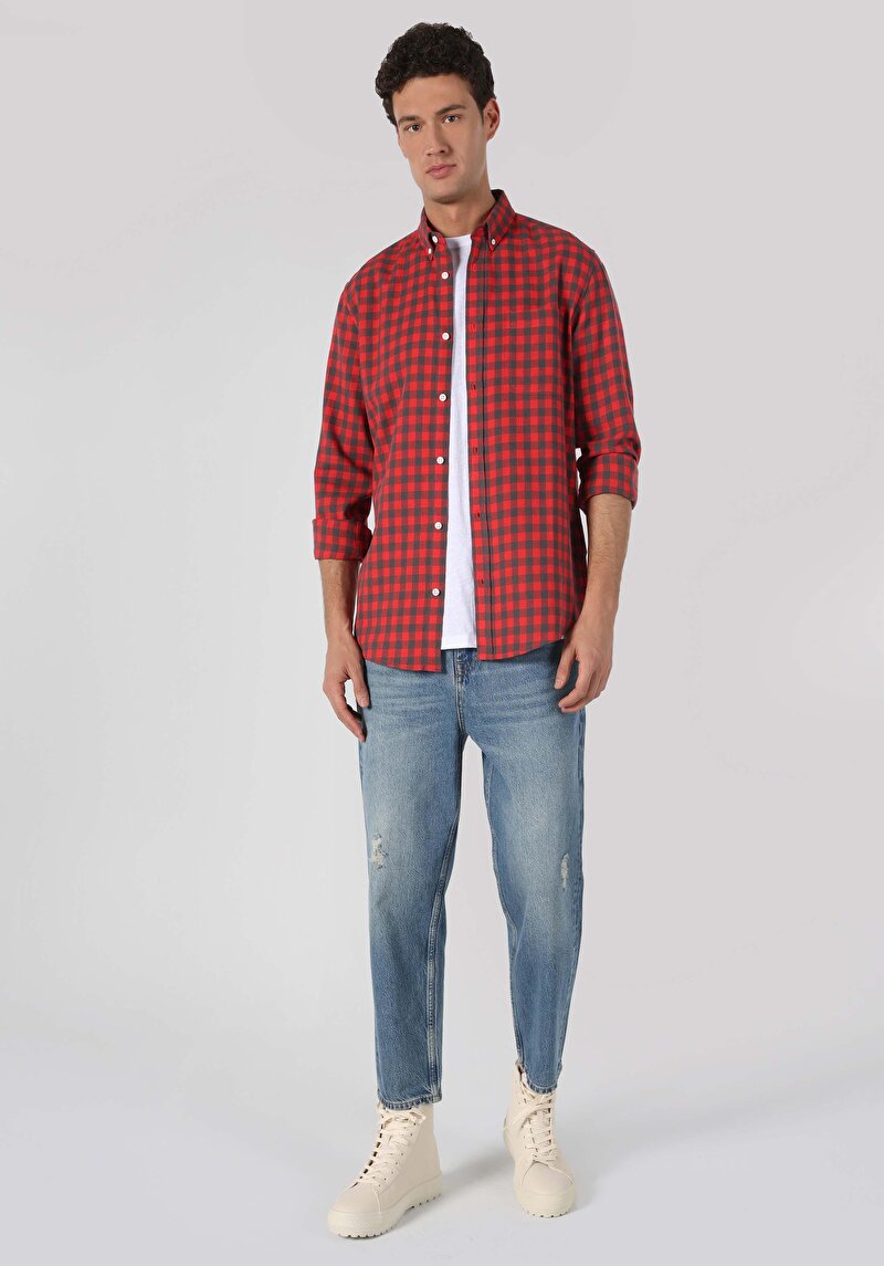 Regular Fit Shirt Neck Kareli Erkek Kirmizi Uzun Kol Gömlek