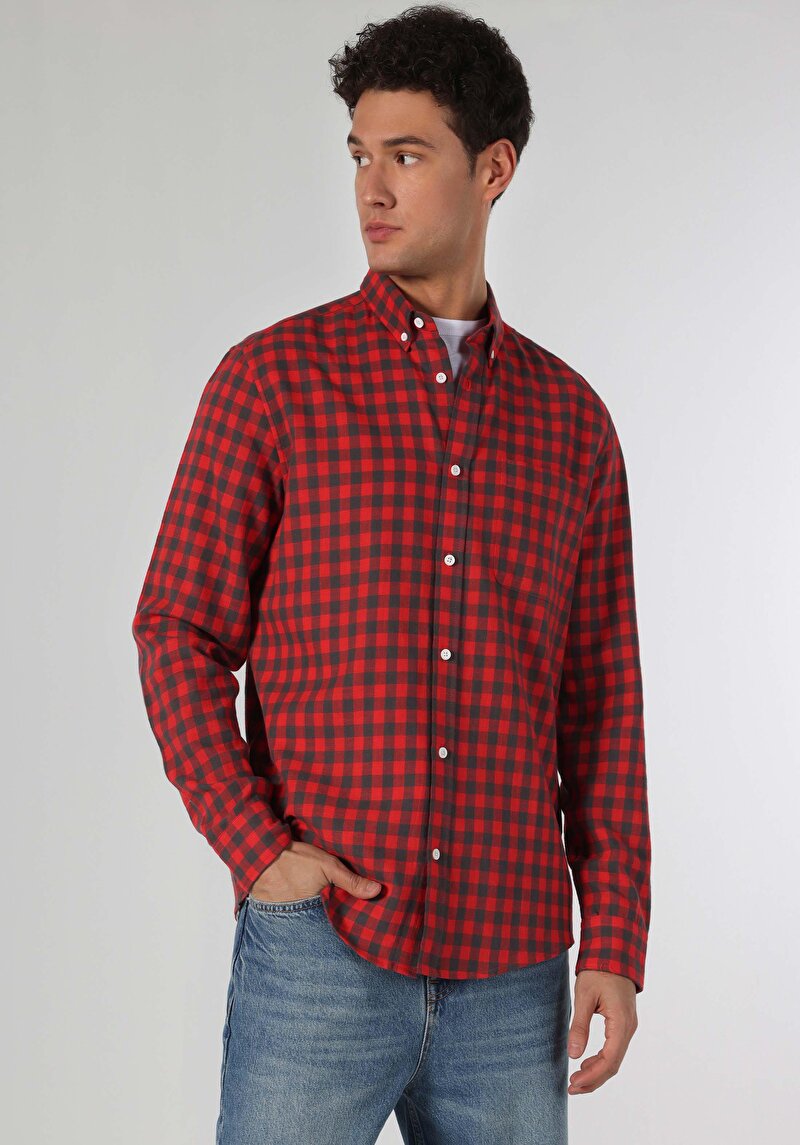 Regular Fit Shirt Neck Kareli Erkek Kirmizi Uzun Kol Gömlek