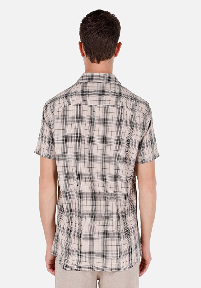 Regular Fit Shirt Neck Ekoseli Erkek Bej Kısa Kol Gömlek