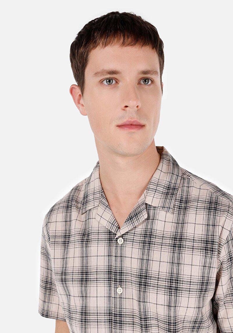Regular Fit Shirt Neck Ekoseli Erkek Bej Kısa Kol Gömlek