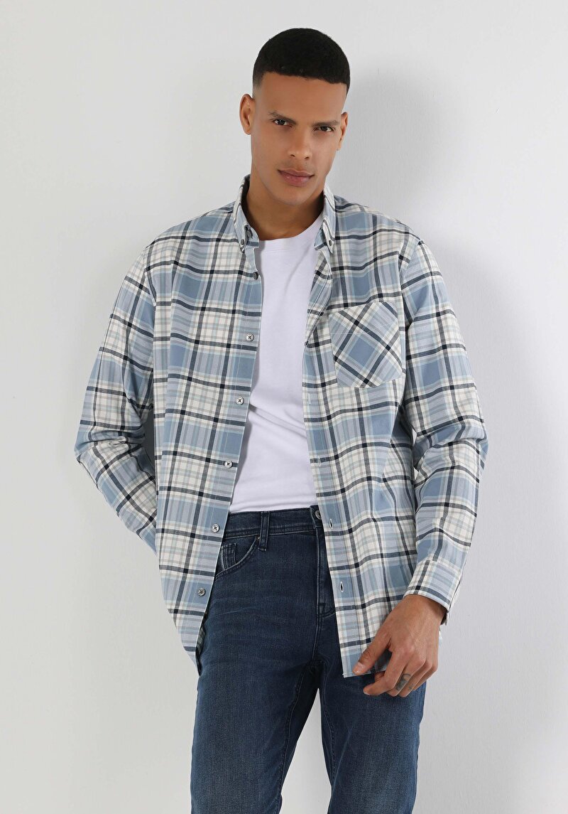 Regular Fit Shirt Neck Ekoseli Erkek Mavi Uzun Kol Gömlek