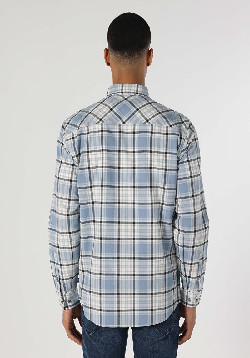 Regular Fit Shirt Neck Ekoseli Erkek Mavi Uzun Kol Gömlek