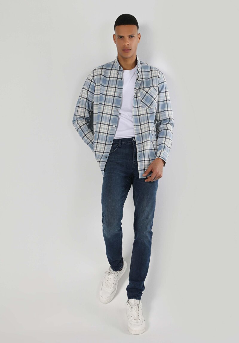 Regular Fit Shirt Neck Ekoseli Erkek Mavi Uzun Kol Gömlek