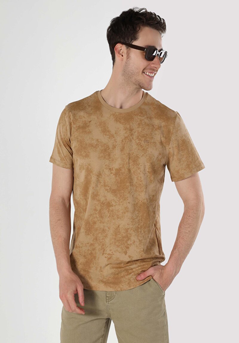 Regular Fit Yuvarlak Yaka Baskılı Erkek Kahverengi Kısa Kol Tişört
