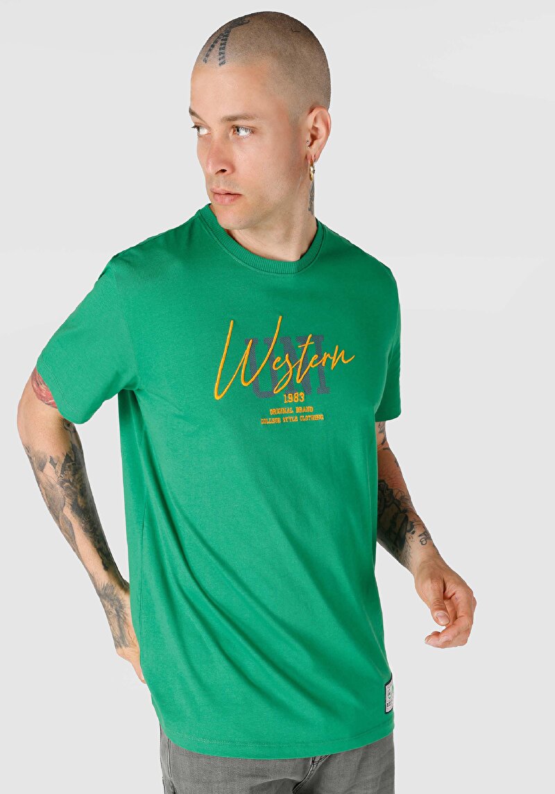 Regular Fit Yuvarlak Yaka Pamuklu Erkek Yeşil Kısa Kol Tişört