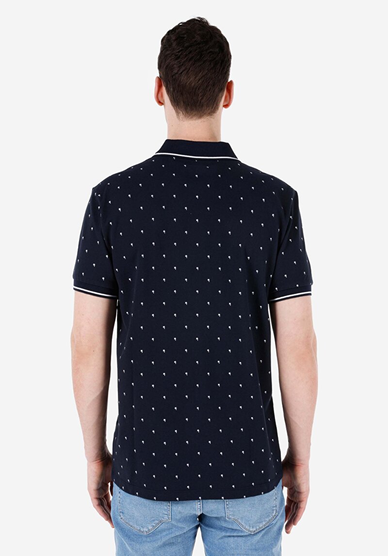 Regular Fit Polo Yaka Baskılı Örme Erkek Lacivert Kısa Kol Tişört