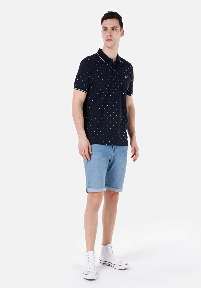Regular Fit Polo Yaka Baskılı Örme Erkek Lacivert Kısa Kol Tişört