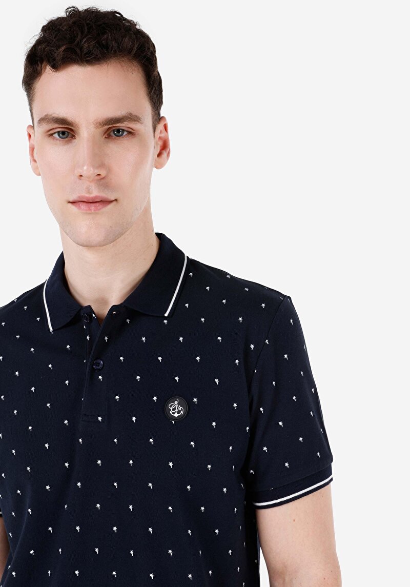 Regular Fit Polo Yaka Baskılı Örme Erkek Lacivert Kısa Kol Tişört