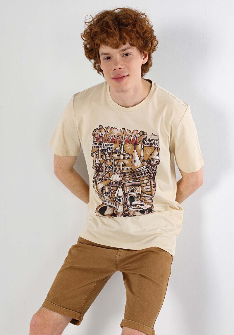 Regular Fit Yuvarlak Yaka Erkek Bej Kısa Kol Tişört