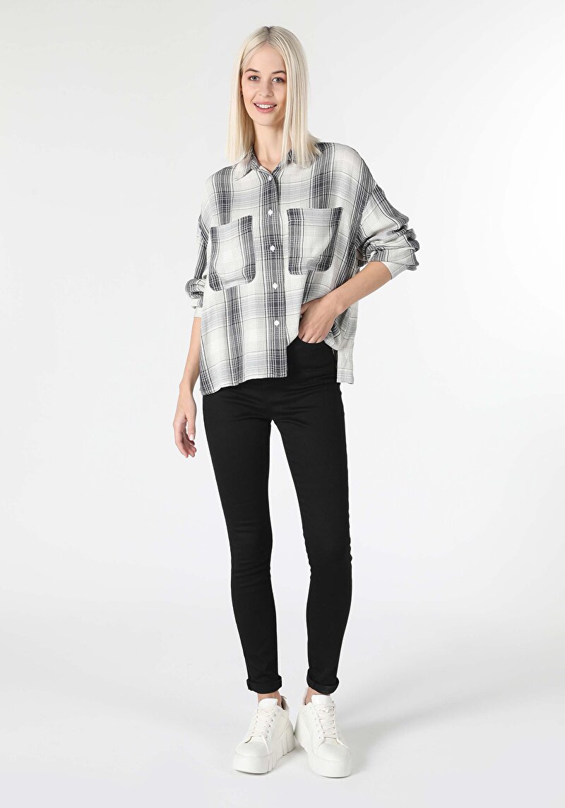 Regular Fit Shirt Neck Ekoseli Kadın Antrasit Uzun Kol Gömlek