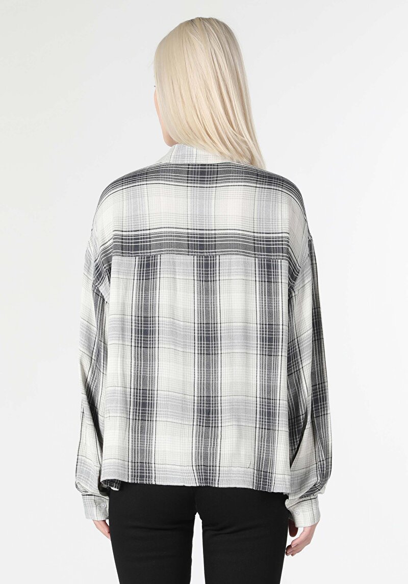 Regular Fit Shirt Neck Ekoseli Kadın Antrasit Uzun Kol Gömlek