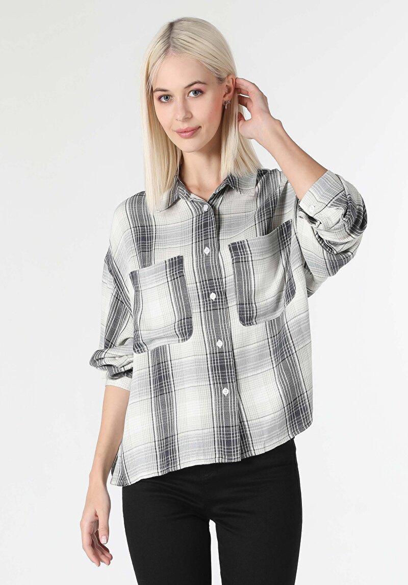 Regular Fit Shirt Neck Ekoseli Kadın Antrasit Uzun Kol Gömlek