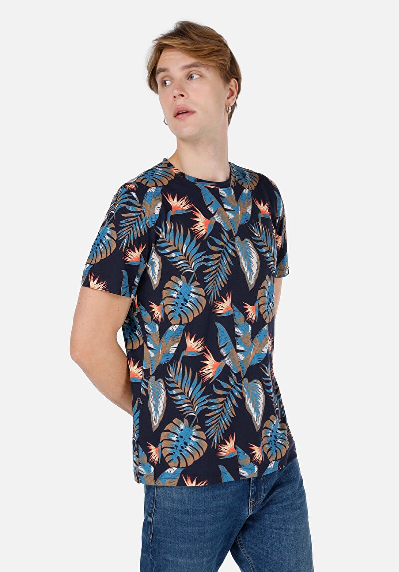 Regular Fit Yuvarlak Yaka Pamuklu Baskılı Erkek Lacivert Kısa Kol Tişört