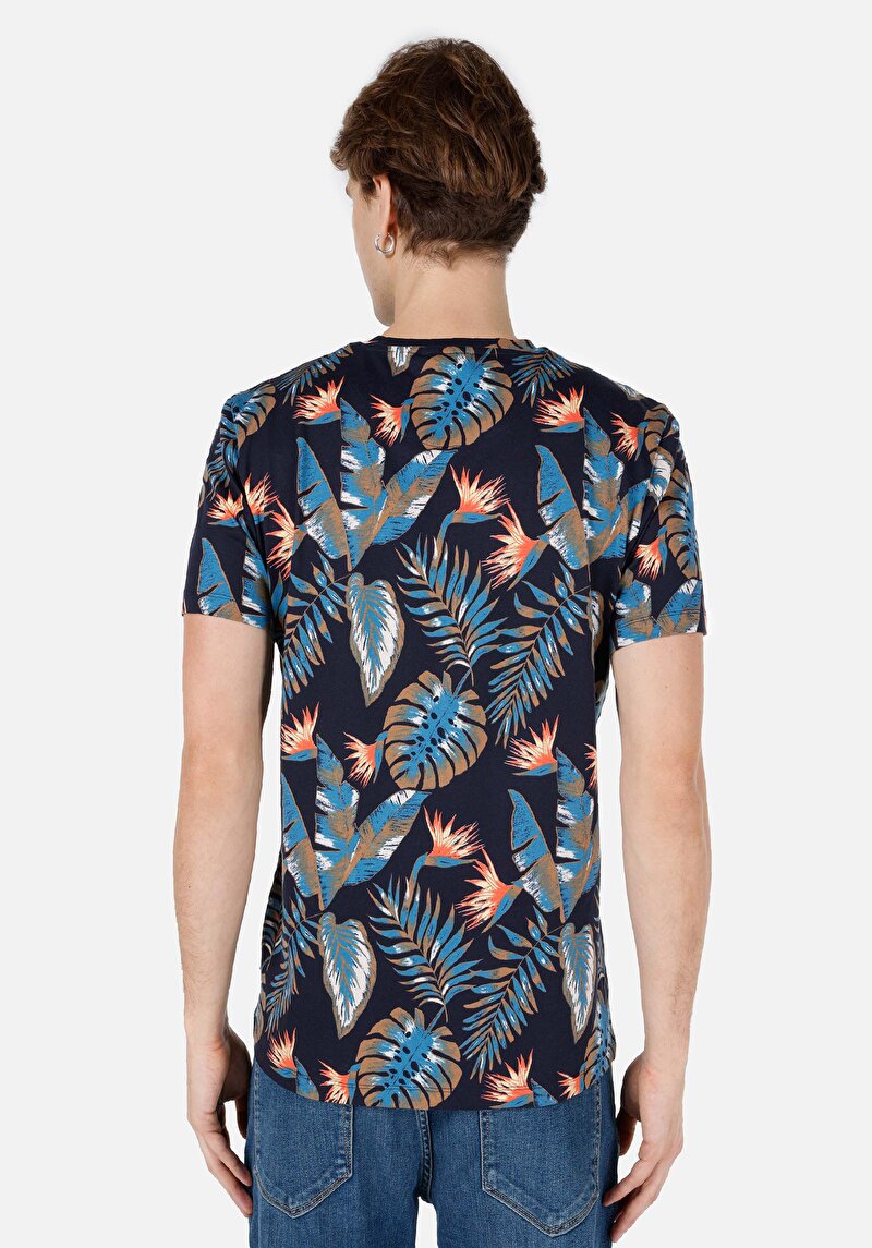 Regular Fit Yuvarlak Yaka Pamuklu Baskılı Erkek Lacivert Kısa Kol Tişört