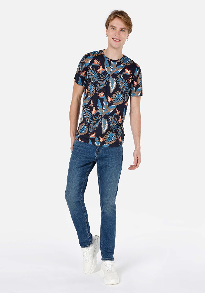 Regular Fit Yuvarlak Yaka Pamuklu Baskılı Erkek Lacivert Kısa Kol Tişört