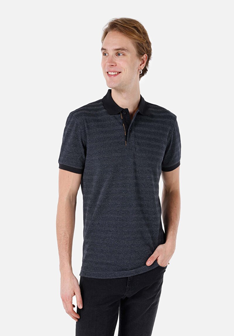Regular Fit Polo Yaka Çizgili Erkek Antrasit Kısa Kol Tişört