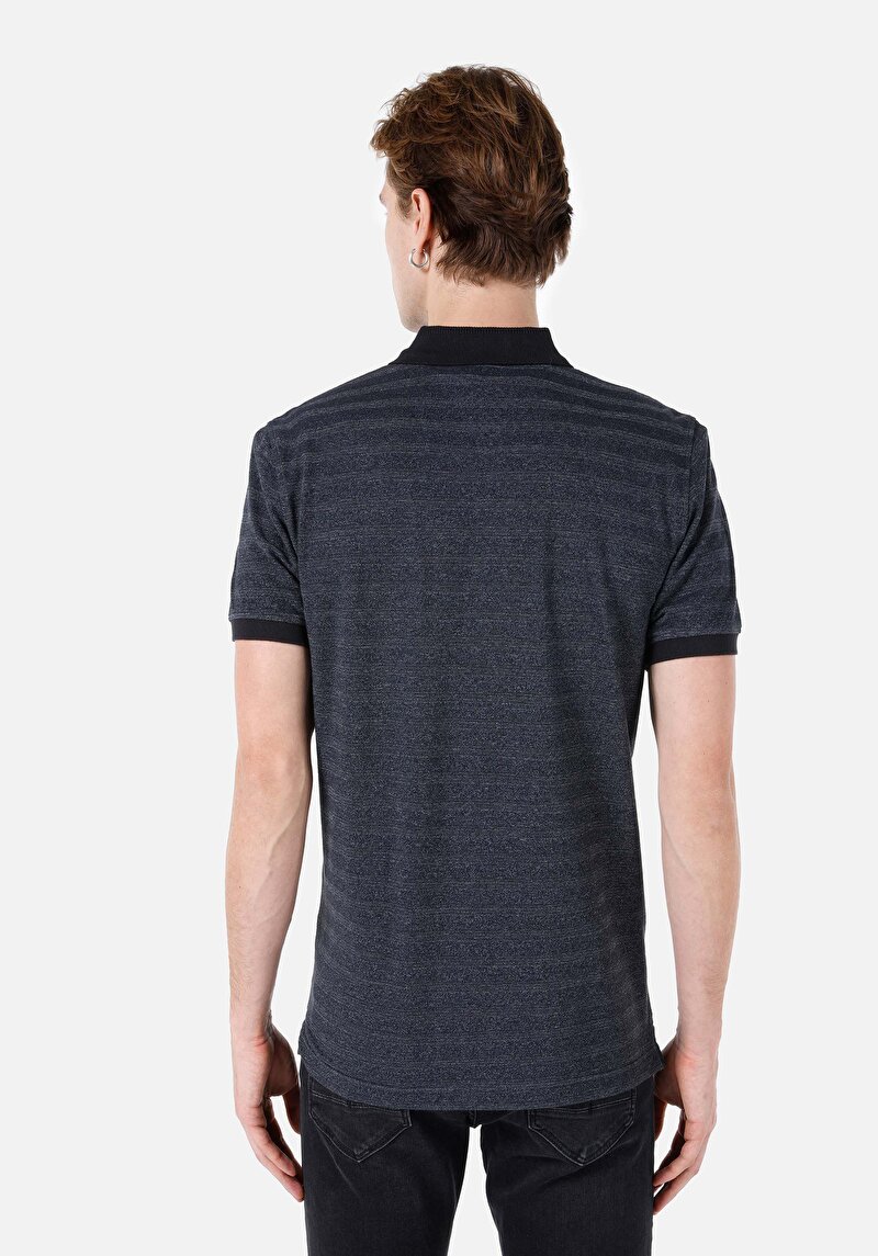 Regular Fit Polo Yaka Çizgili Erkek Antrasit Kısa Kol Tişört
