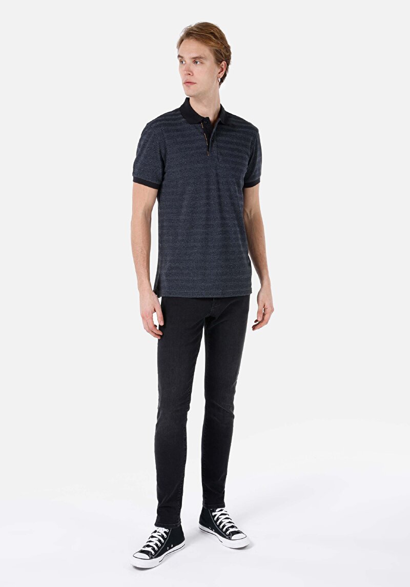 Regular Fit Polo Yaka Çizgili Erkek Antrasit Kısa Kol Tişört