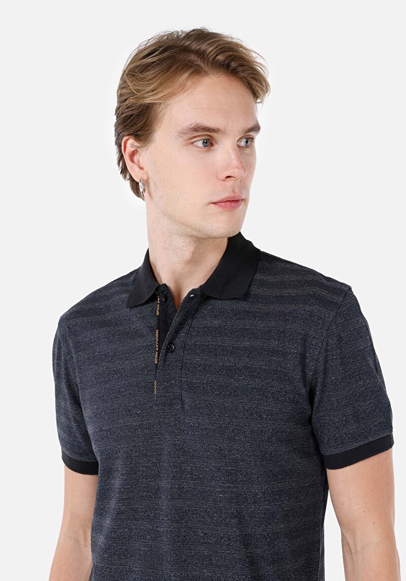 Regular Fit Polo Yaka Çizgili Erkek Antrasit Kısa Kol Tişört