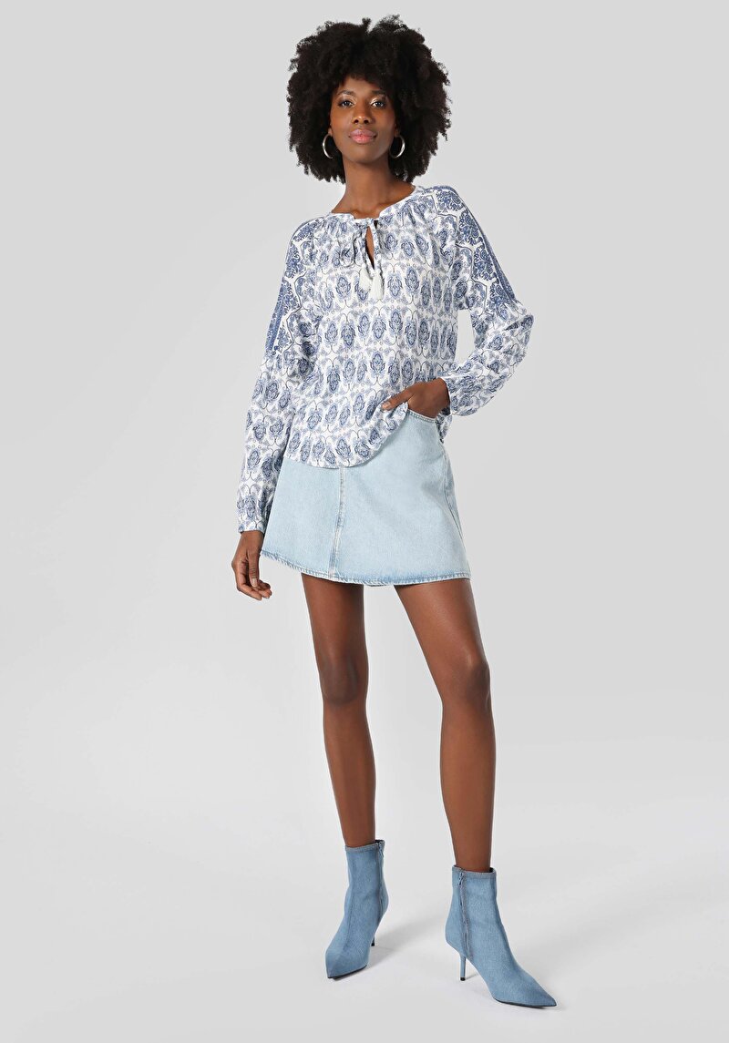 Regular Fit V Yaka Kadın Mavi Uzun Kol Gömlek