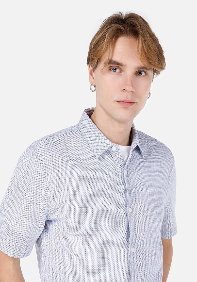 Regular Fit Shirt Neck Düz Erkek Mavi Kısa Kol Gömlek