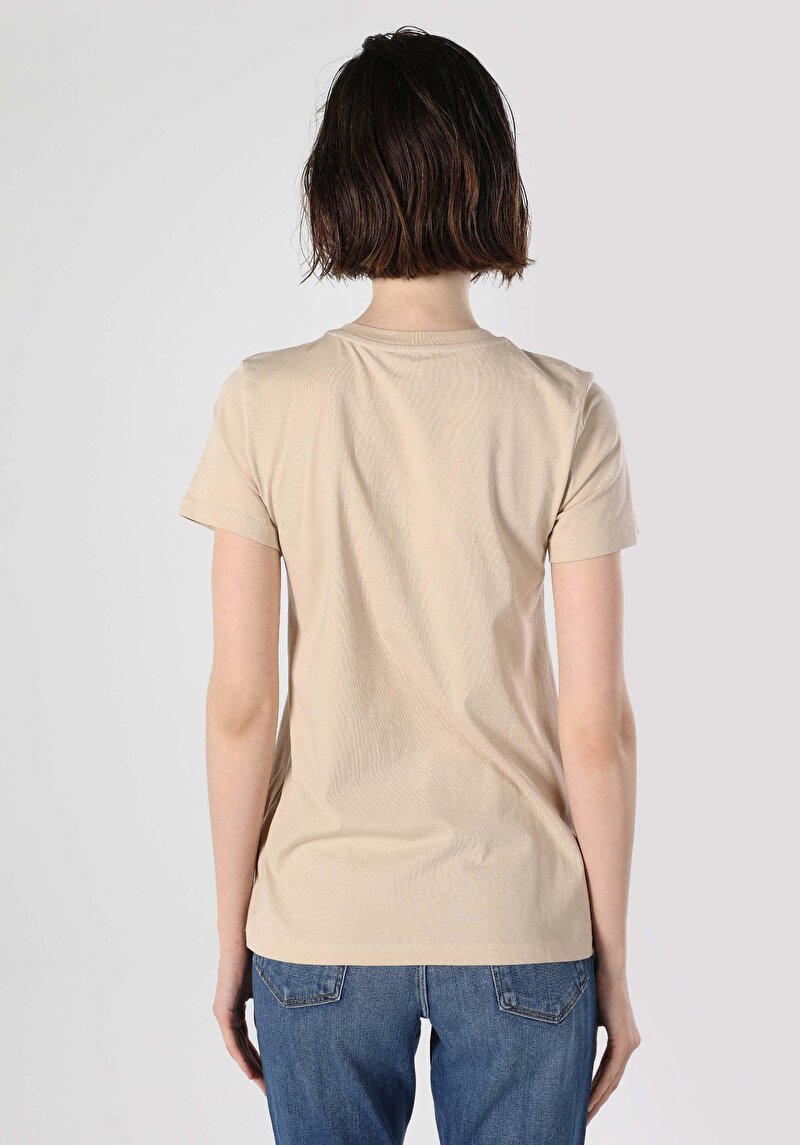 Regular Fit Yuvarlak Yaka Kadın Bej Kısa Kol Tişört