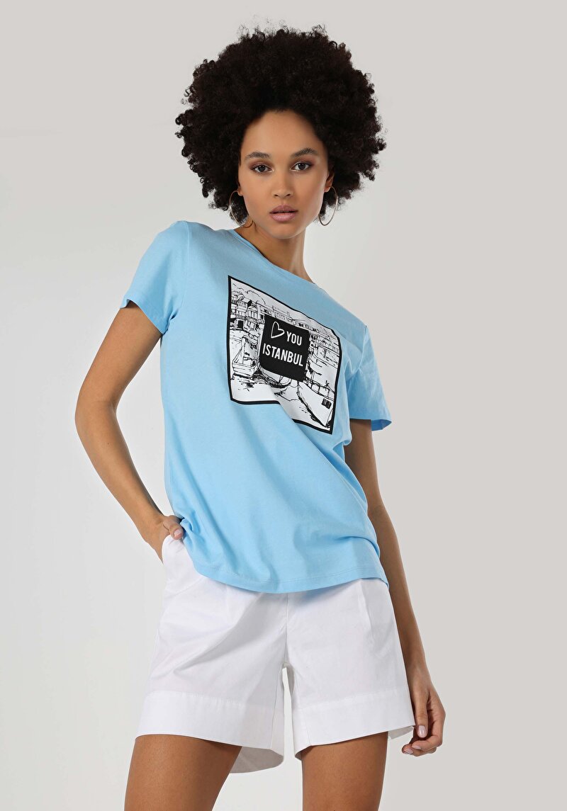 Regular Fit Yuvarlak Yaka Kadın Mavi Kısa Kol Tişört