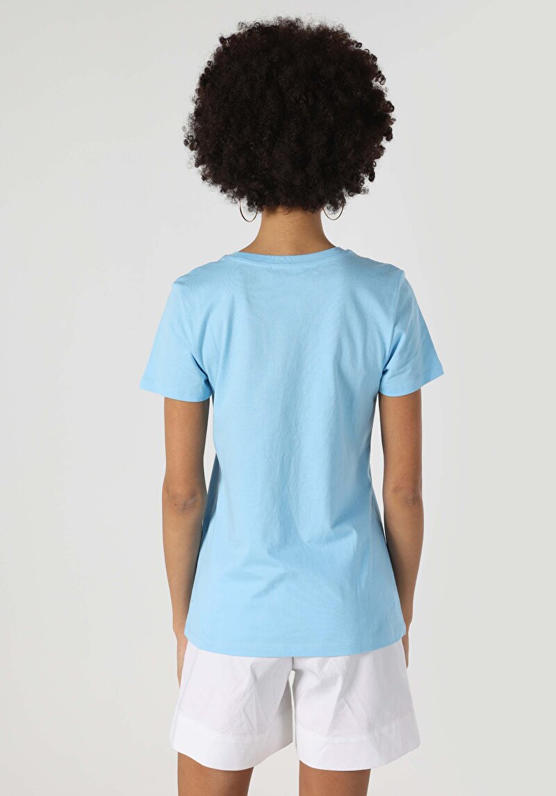 Regular Fit Yuvarlak Yaka Kadın Mavi Kısa Kol Tişört